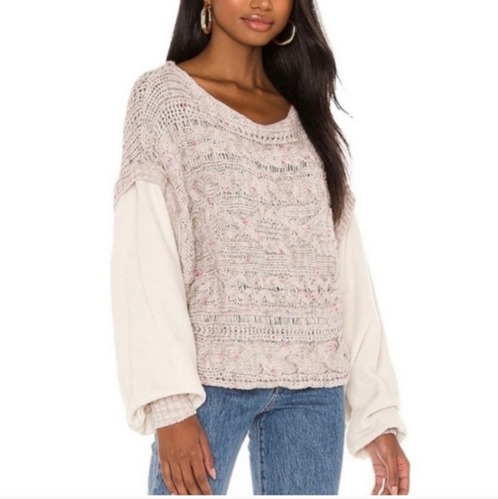 Free People Honey Cable Knit Long Drop Shoulder White Combo Cropped Sweater - M - Picture 4 of 13